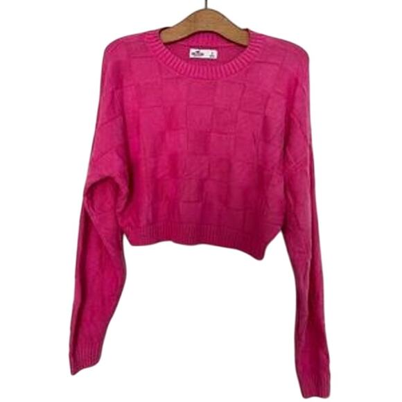 HOLLISTER Size XS Checkered Textured Pink Cropped LS Sweater Pullover EUC - Picture 1 of 5